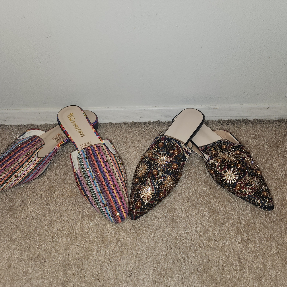 Elegant Multicolor and Black Embellished Mules